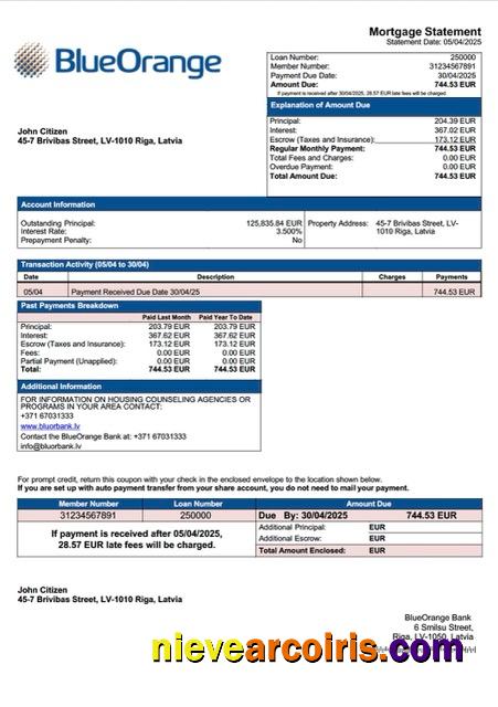 Latvia BlueOrange Bank mortgage statement Word and PDF template